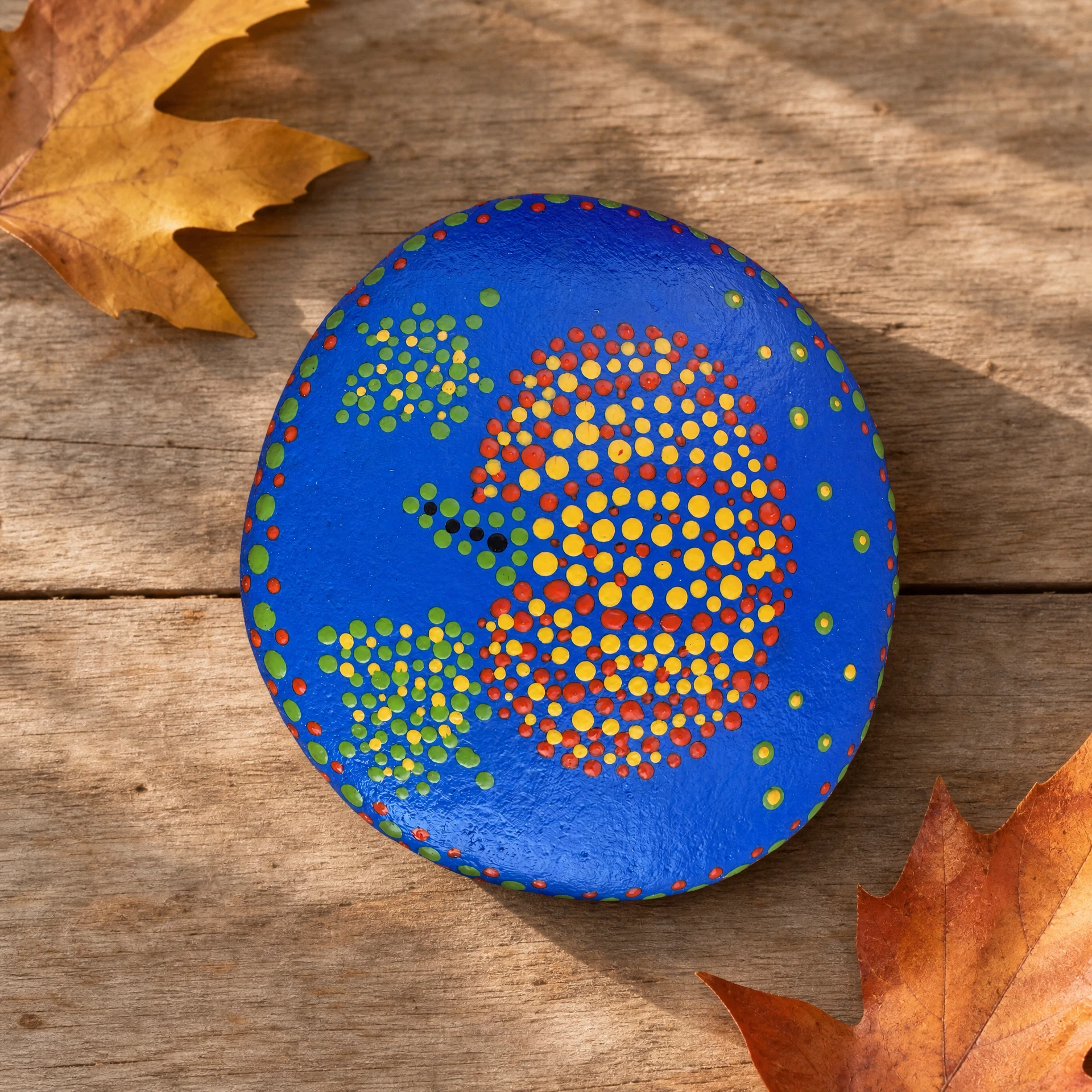 Autumn Dot Magic – Blaue Herbstpunkte – handbemalter Mandala-Stein, Kürbis-Deko für Herbst & Halloween