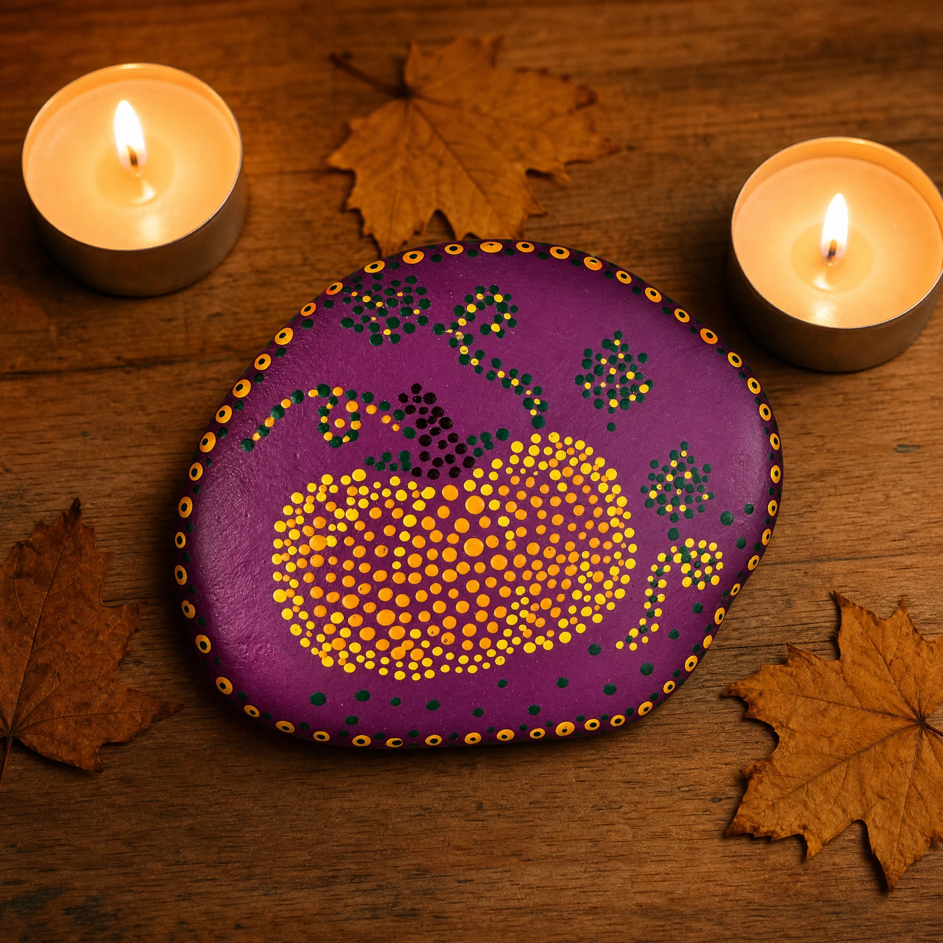 Autumn Dot Magic – Violette Herbstblüte – handbemalter Mandala-Stein, Kürbis-Deko für Herbst & Halloween