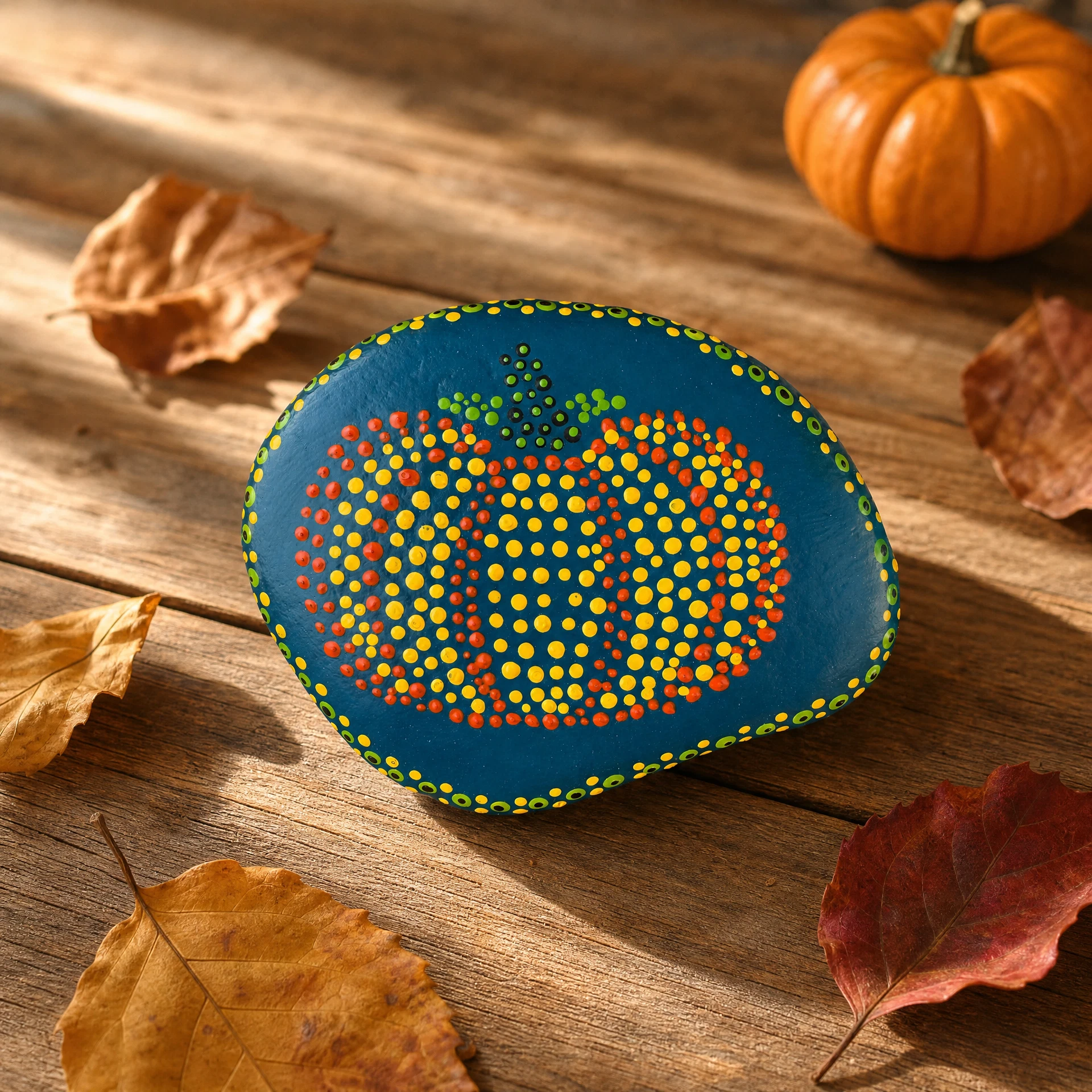 Autumn Dot Magic – Pinke Herbstglut – handbemalter Mandala-Stein, Kürbis-Deko für Herbst & Halloween