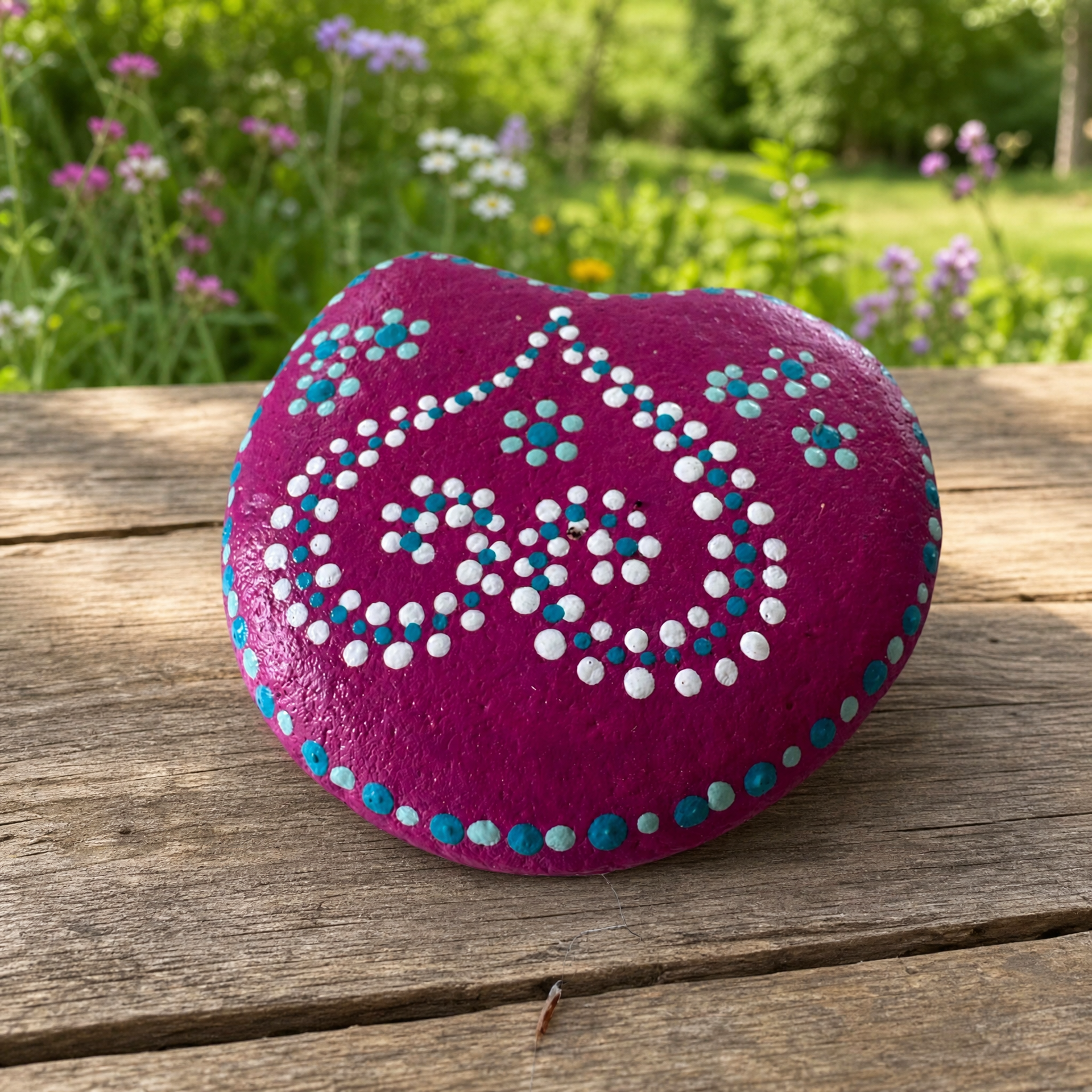 Tautropfen Blütenreigen – handbemalter Mandala-Stein, Blumen- und Gartendeko als Geschenkidee