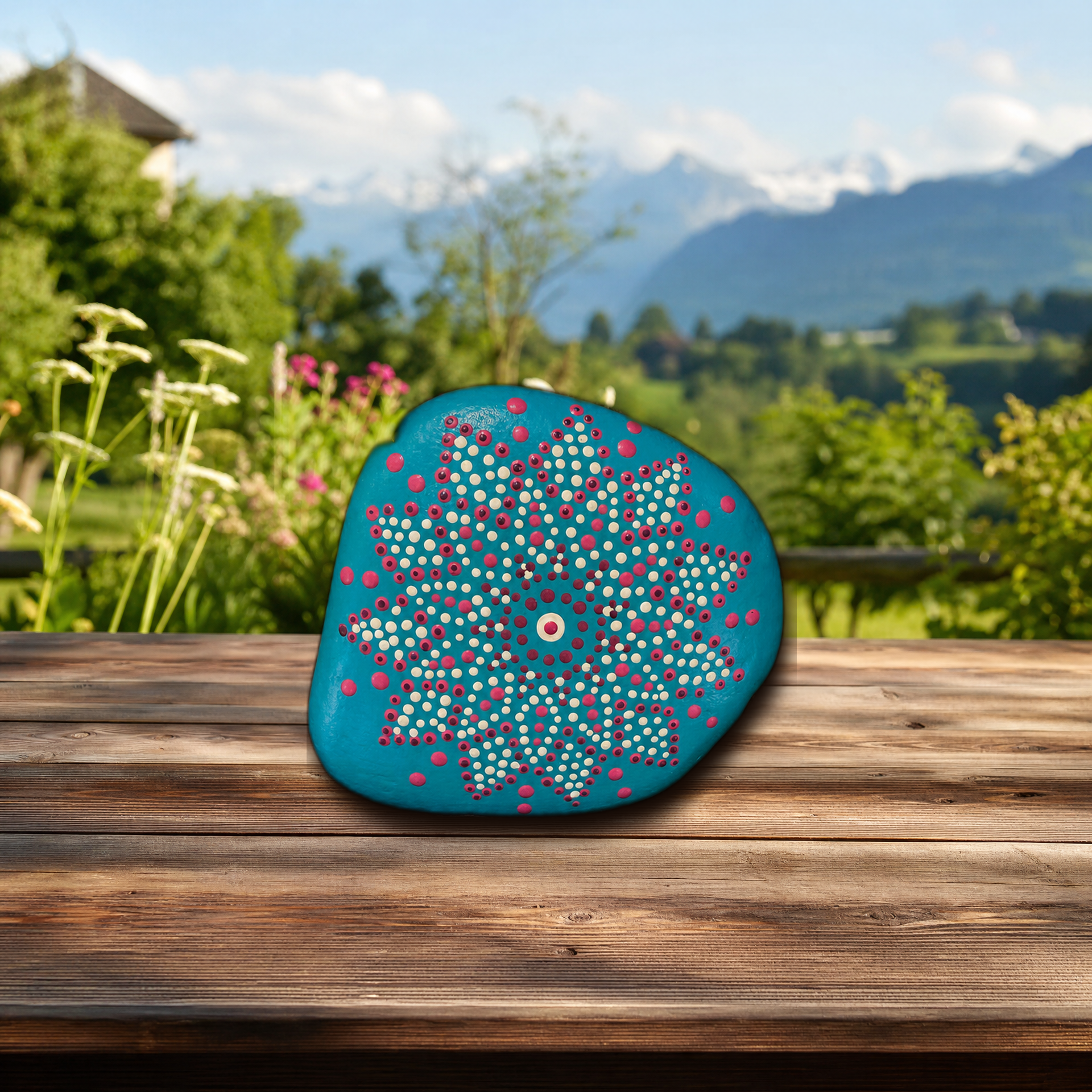 Lagunenstern Blütenklang – handbemalter Mandala-Stein, maritime Deko als Geschenkidee
