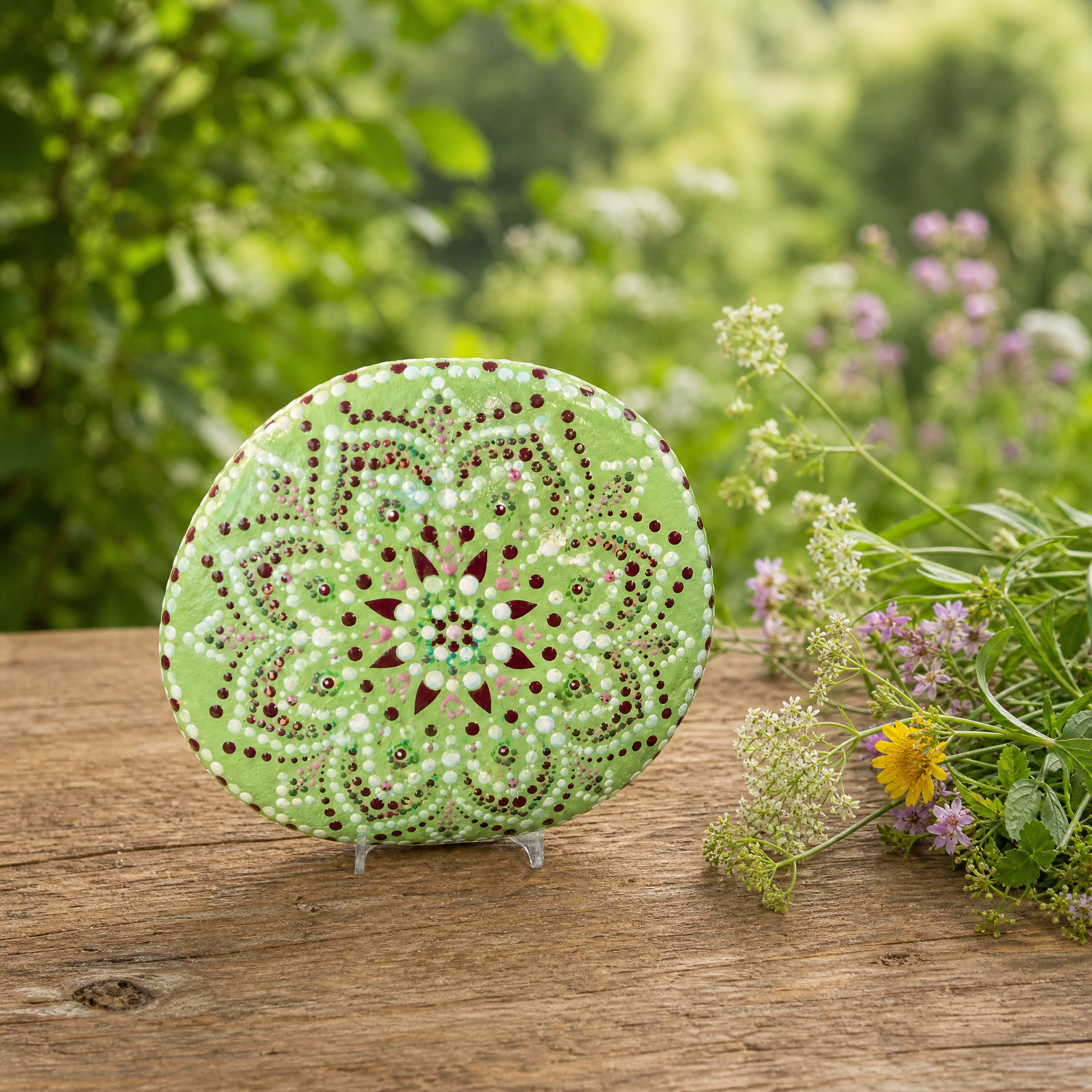 Waldherz im Punktentanz – handbemalter Mandala-Stein, Herz-Deko als Geschenkidee