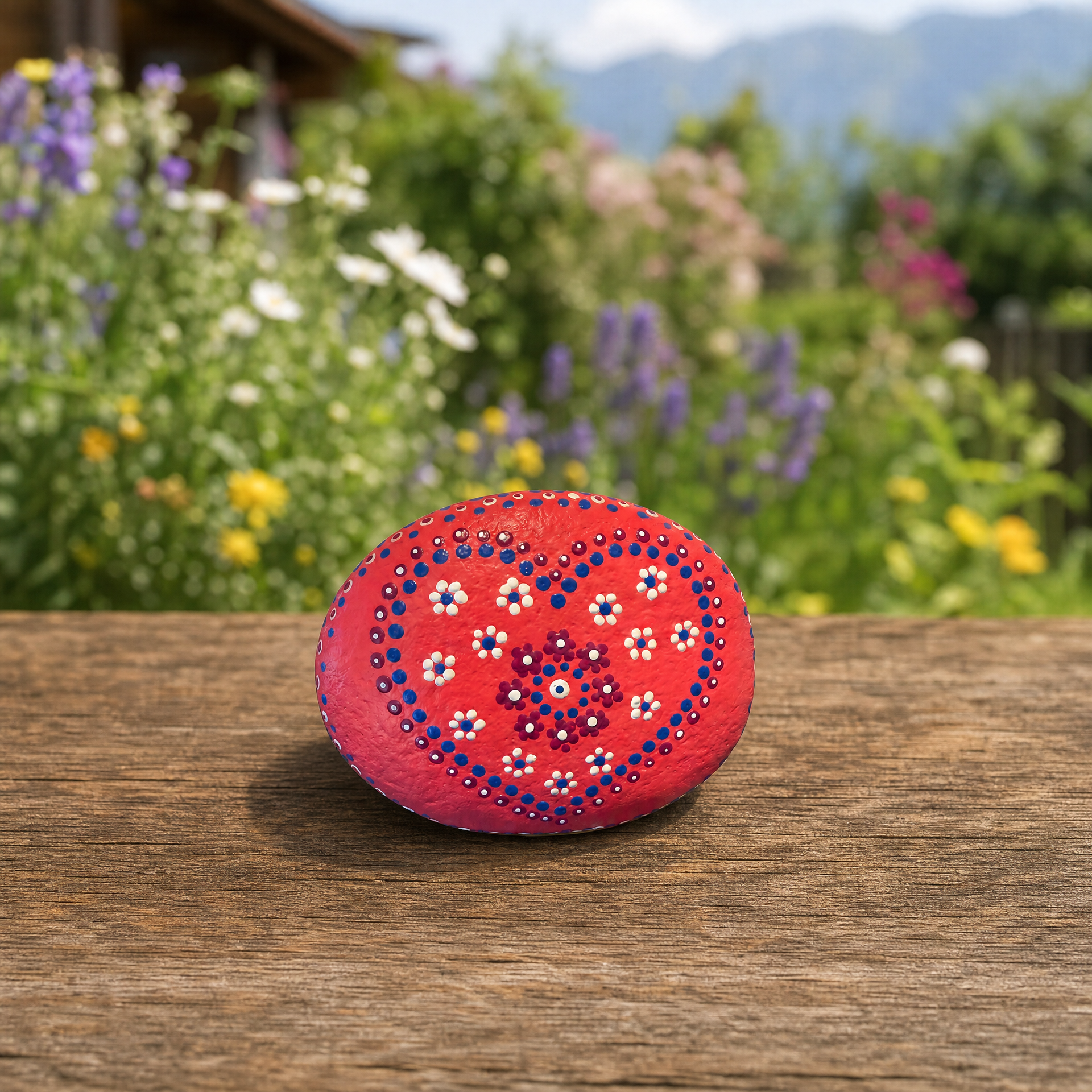 Herzblüten Sonnenglut – handbemalter Mandala-Stein, Herz-Deko als Geschenkidee