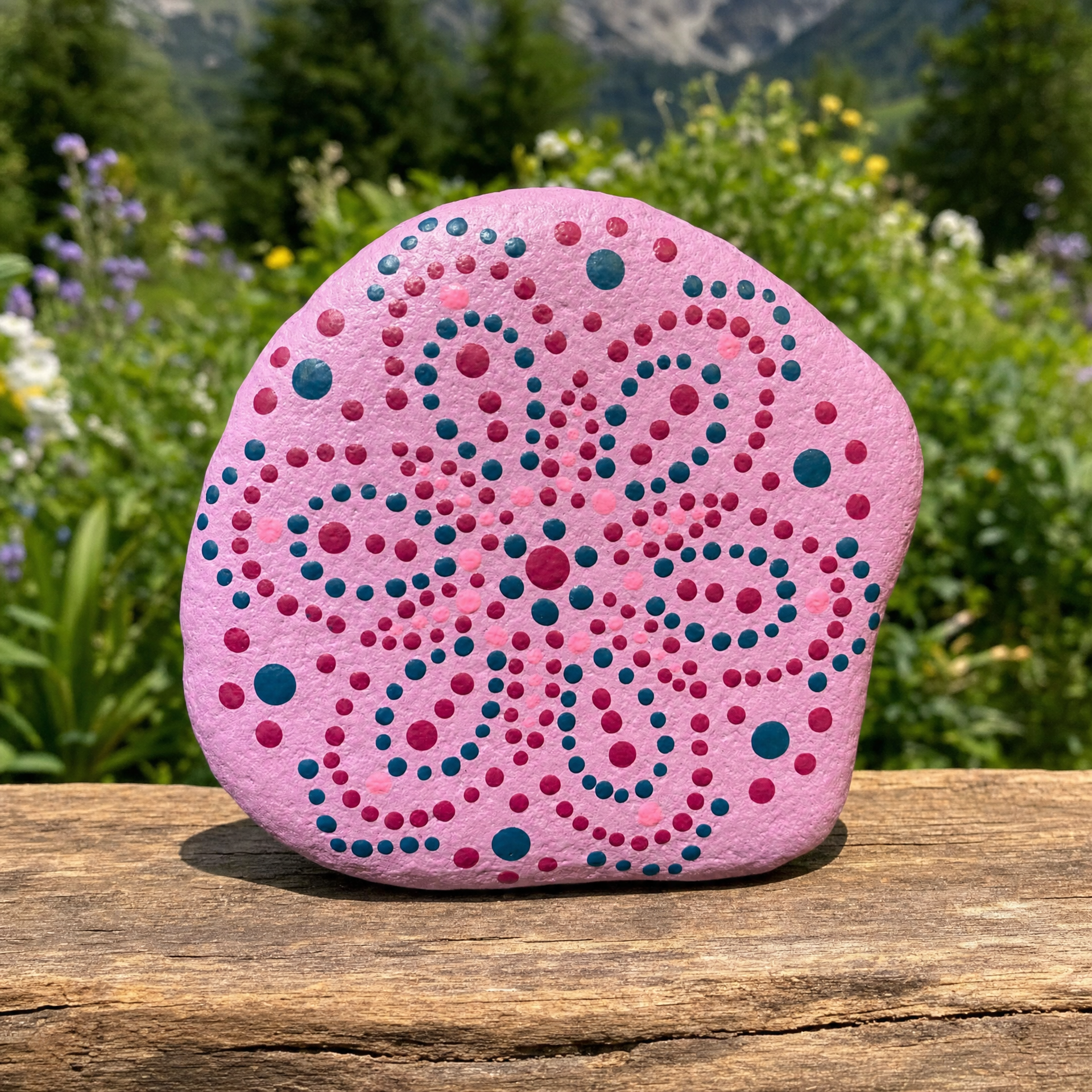 Tanz der Punktblüten – handbemalter Mandala-Stein, Blumen- und Gartendeko als Geschenkidee