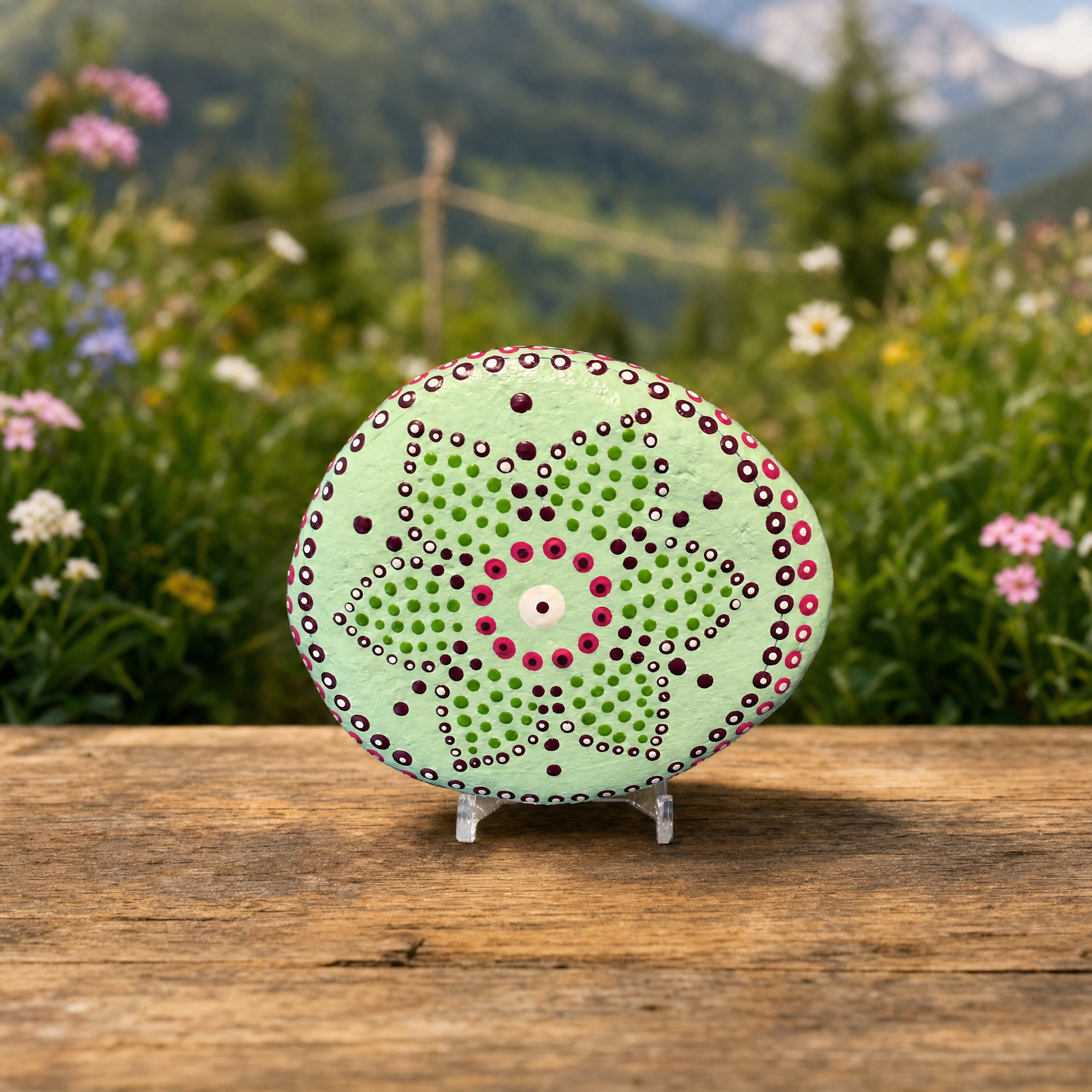 Blütenpunkt Serenade – handbemalter Mandala-Stein, Blumen- und Gartendeko als Geschenkidee