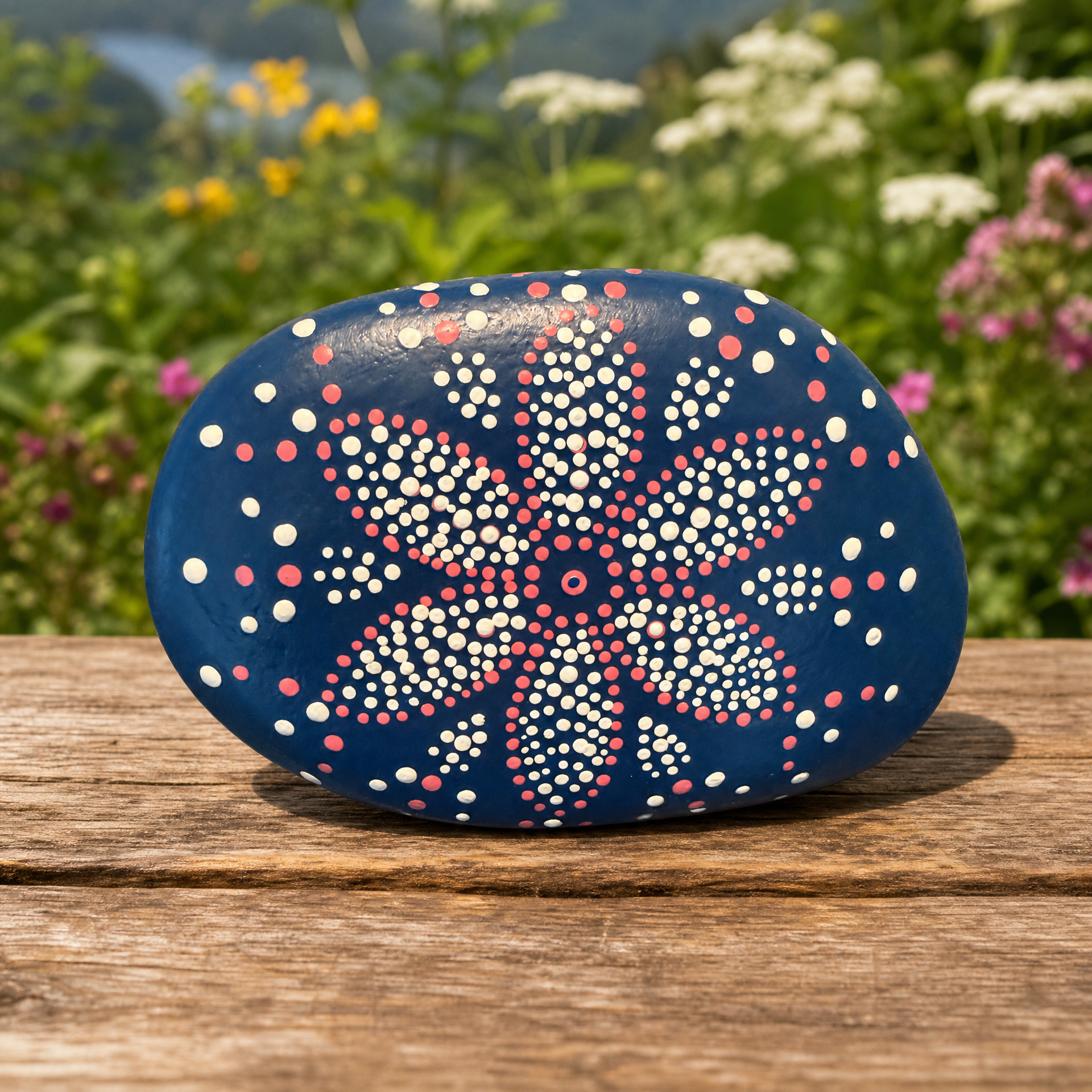 Sternenfrost Nachtblau – handbemalter Mandala-Stein, Deko-Unikat als Geschenkidee