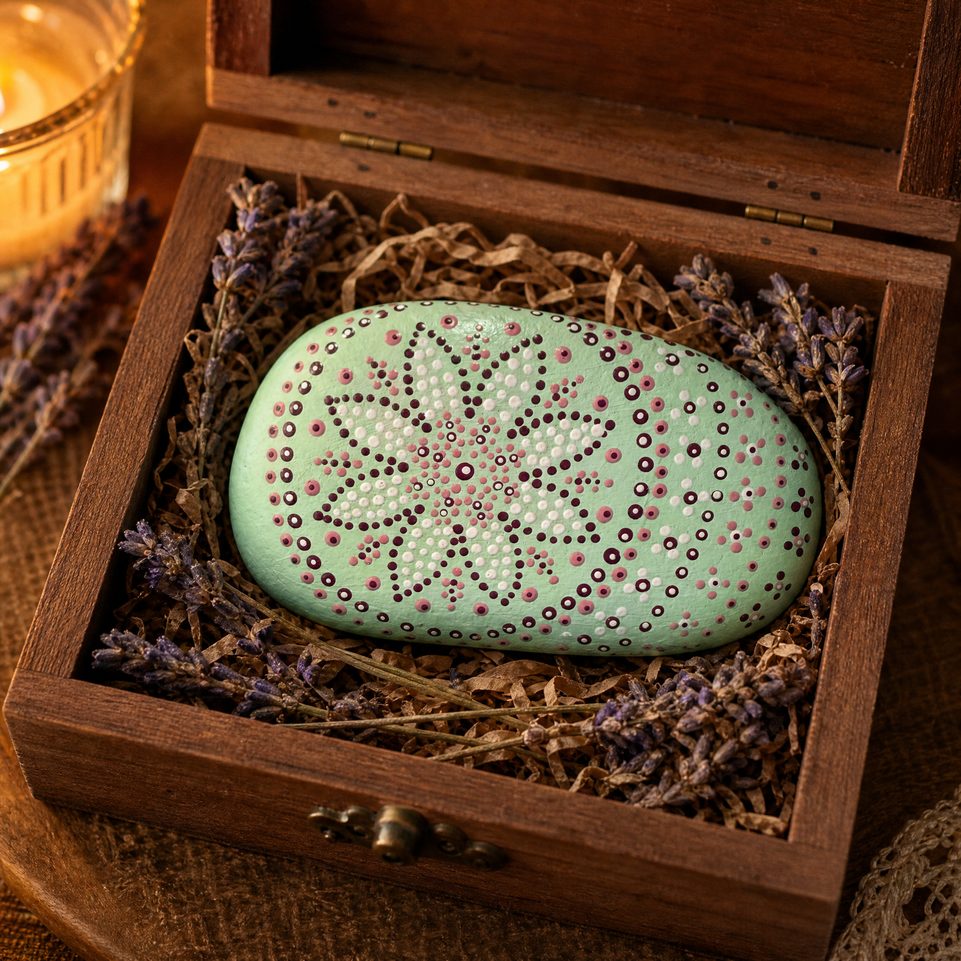Mintblüten Mandala – handbemalter Mandala-Stein, Blumen- und Gartendeko als Geschenkidee