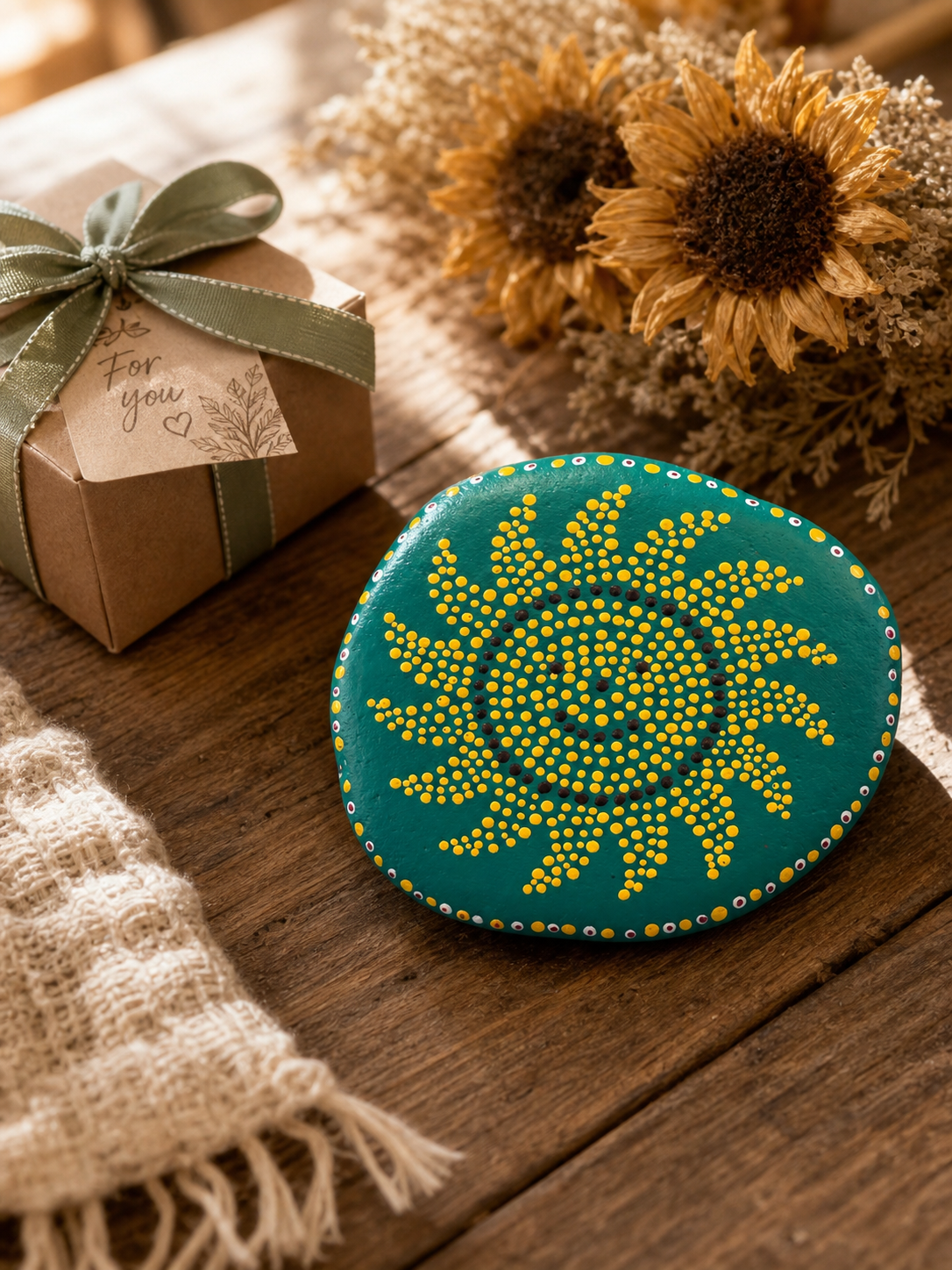 Tanz der Punktsonne – handbemalter Mandala-Stein, Deko-Unikat als Geschenkidee