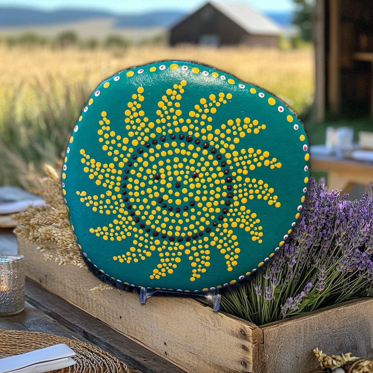 Samtstern Blütenkreis – handbemalter Mandala-Stein, Blumen- und Gartendeko als Geschenkidee