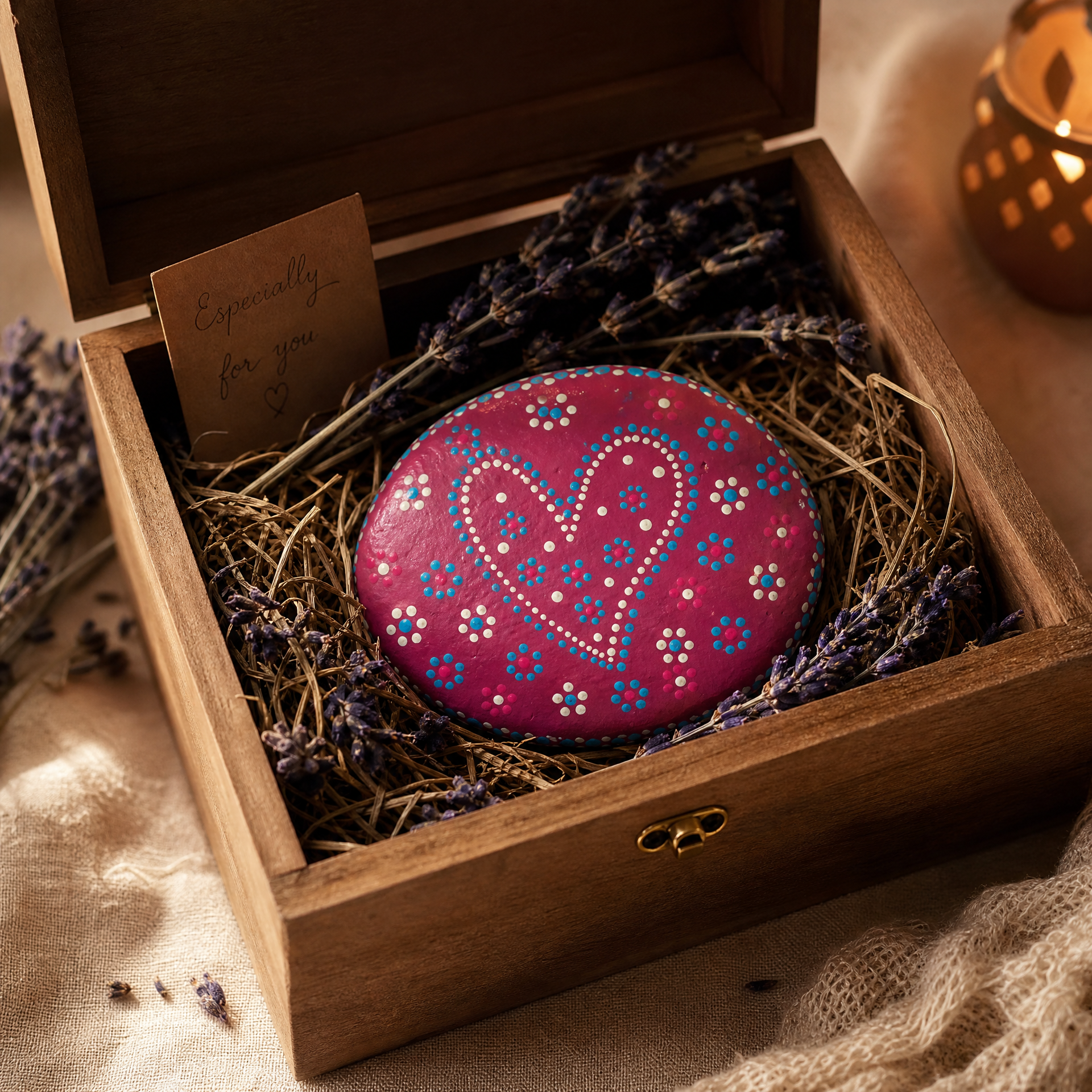 Herzflimmer Blütenglanz – handbemalter Mandala-Stein, Herz-Deko als Geschenkidee
