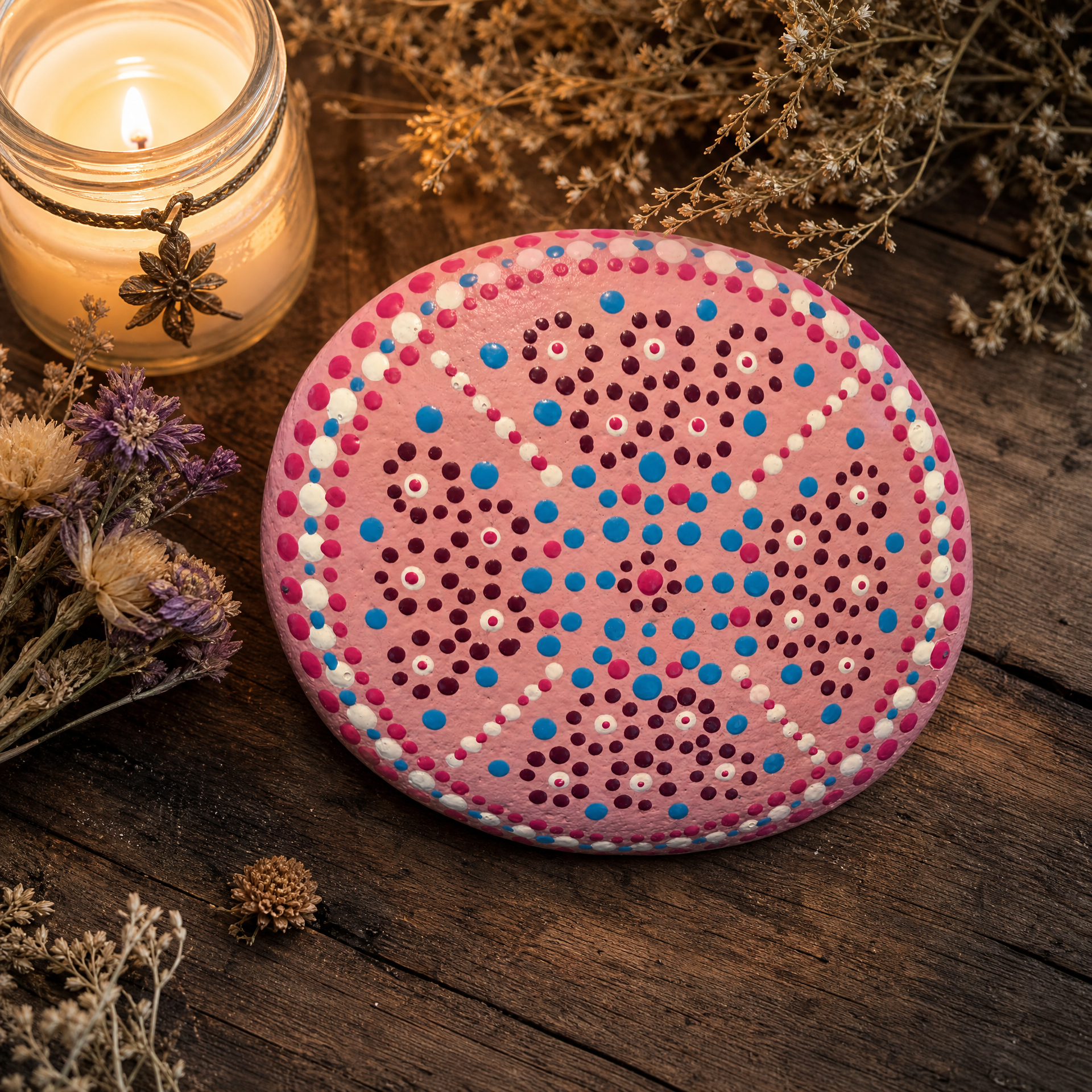 Perlentanz am Morgen – handbemalter Mandala-Stein, Deko-Unikat als Geschenkidee