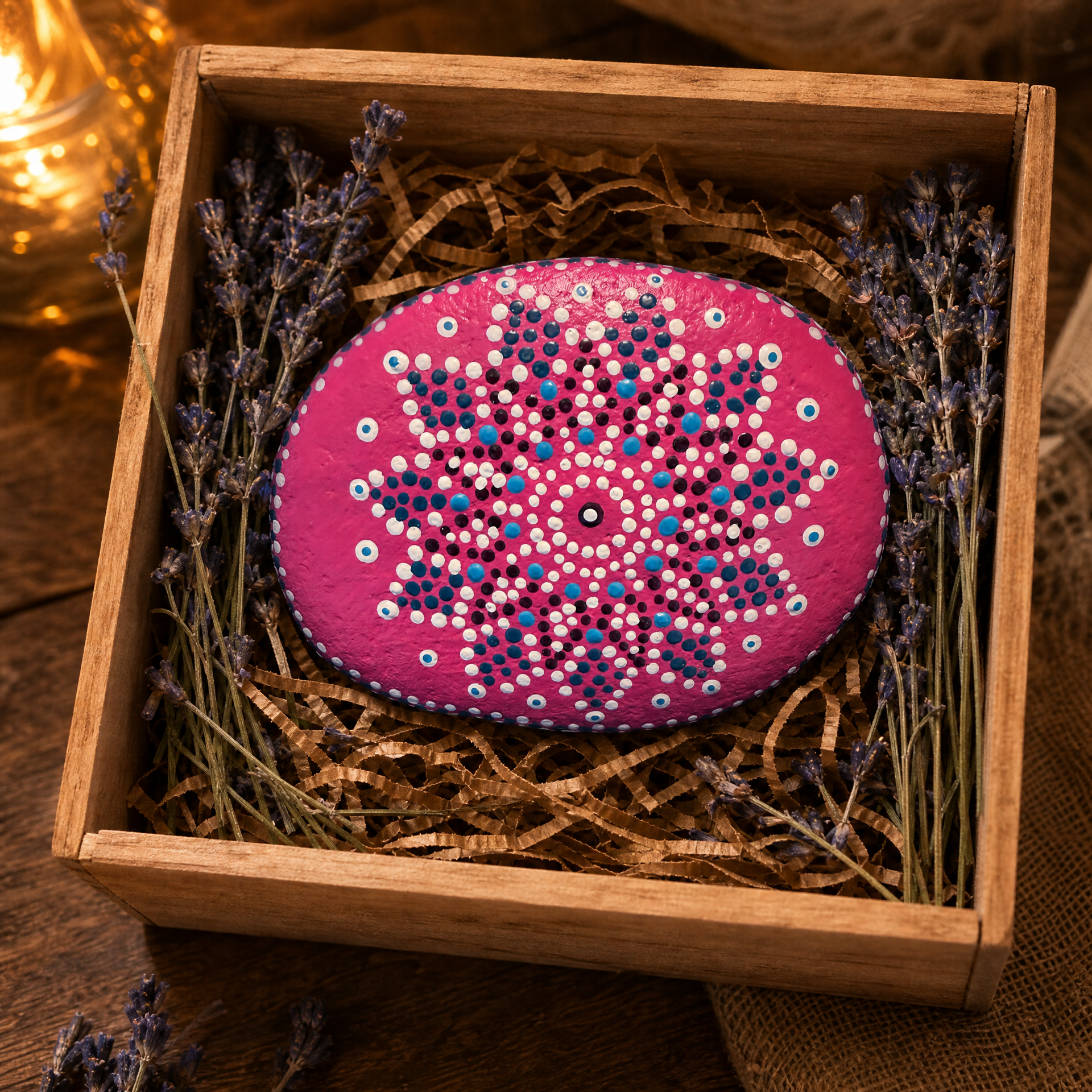 Kirschmond Blütenwirbel – handbemalter Mandala-Stein, Blumen- und Gartendeko als Geschenkidee
