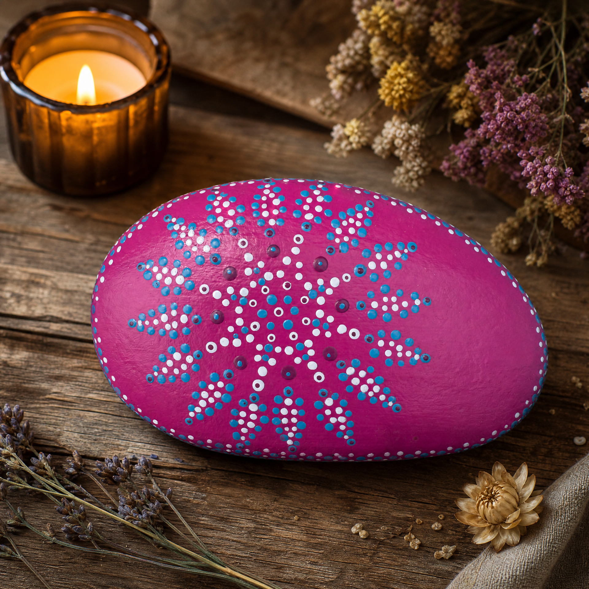 Sternenblüte Rosenglut – handbemalter Mandala-Stein, Blumen- und Gartendeko als Geschenkidee