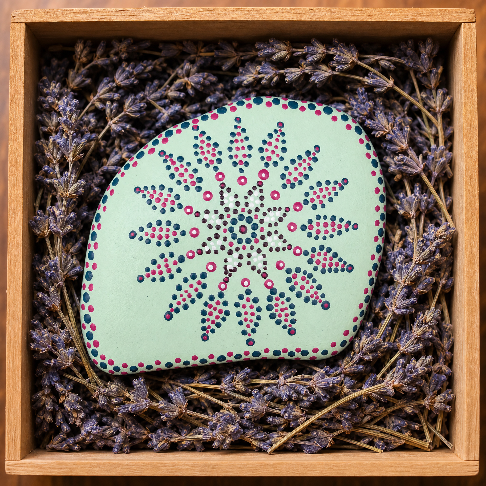 Mintgrün Sternenblüte – handbemalter Mandala-Stein, Blumen- und Gartendeko als Geschenkidee