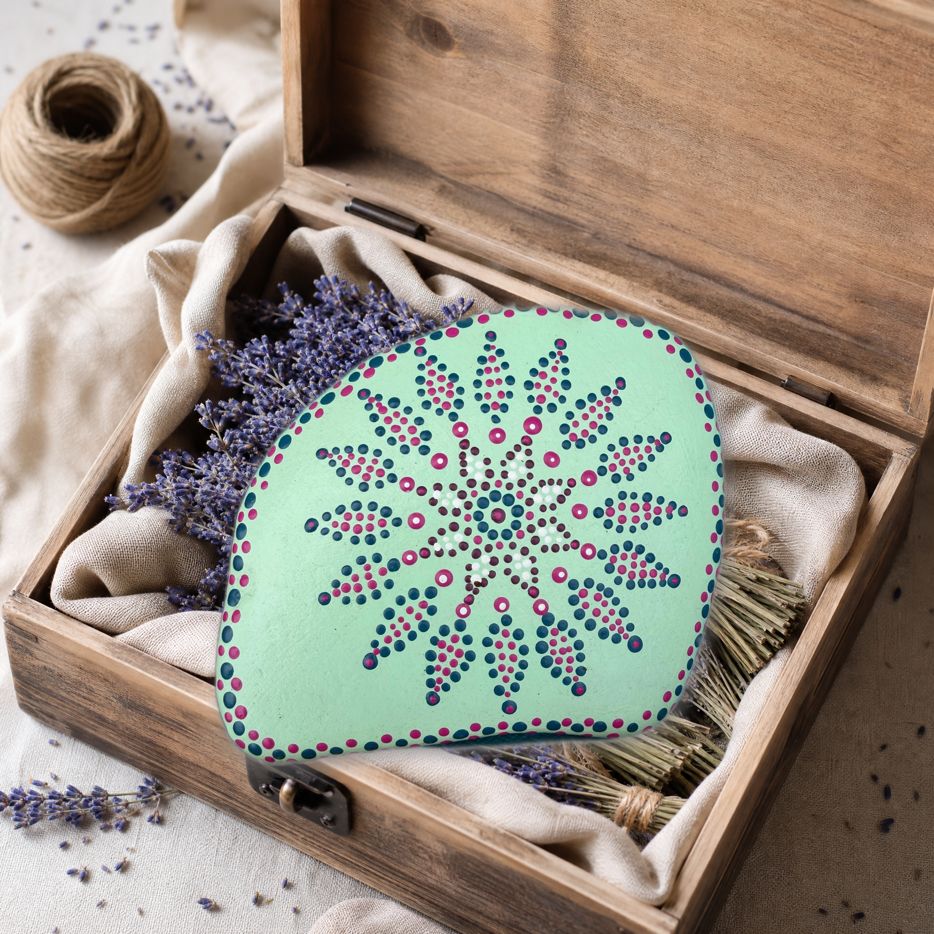 Eiskristall Meeresglanz – handbemalter Mandala-Stein, maritime Deko als Geschenkidee