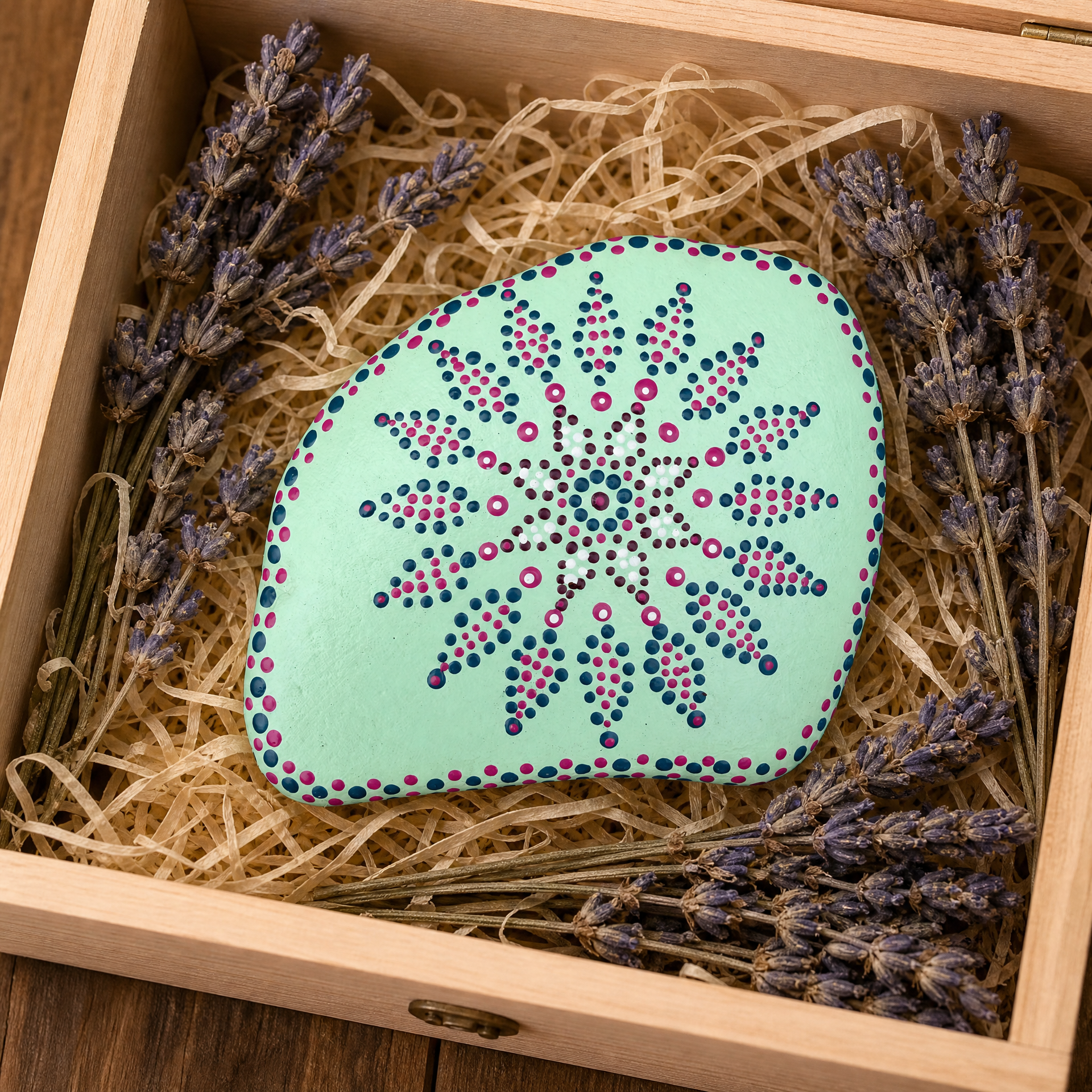Mondtau Sternenblüte – handbemalter Mandala-Stein, Blumen- und Gartendeko als Geschenkidee