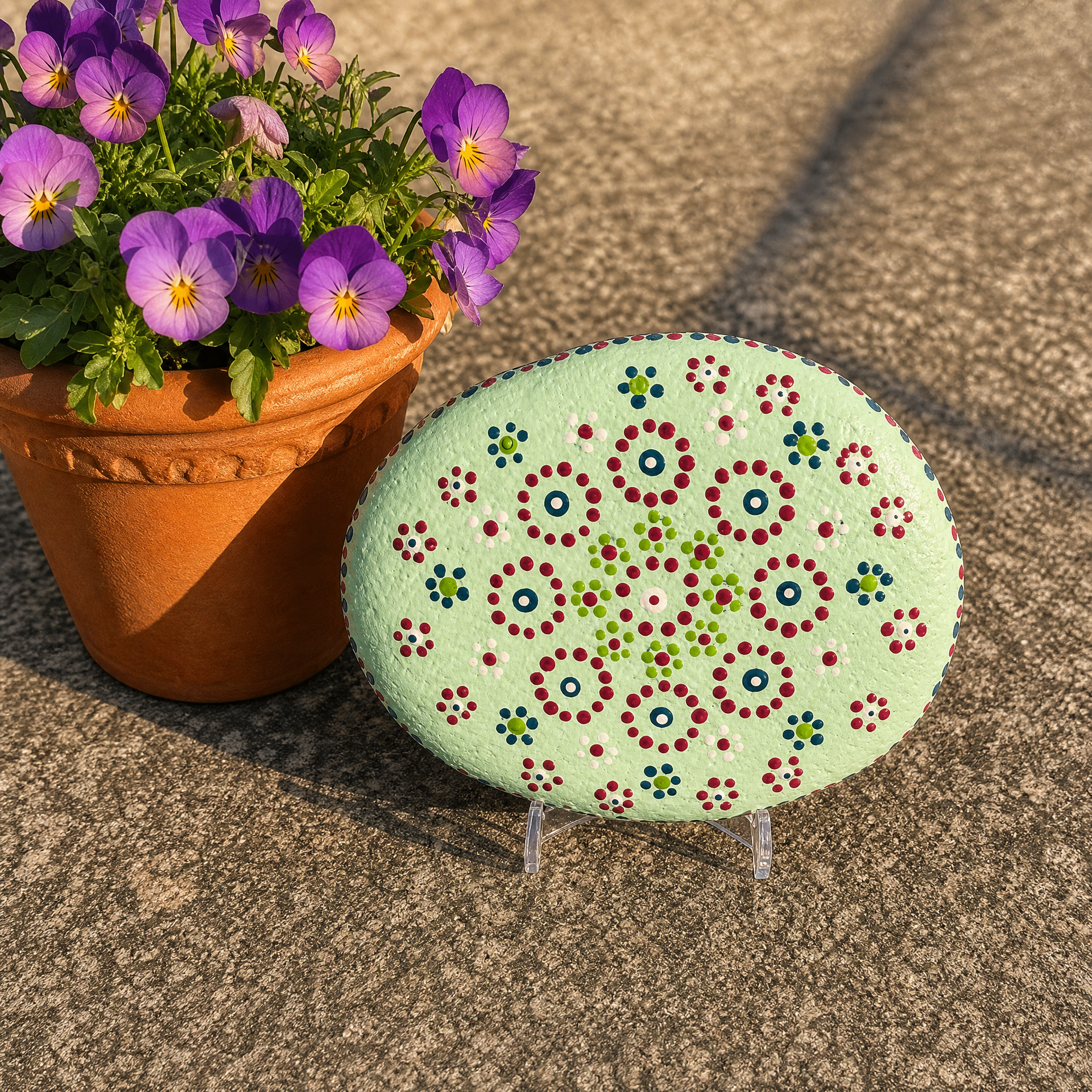 Kreisblüten der Stille – handbemalter Mandala-Stein, Blumen- und Gartendeko als Geschenkidee