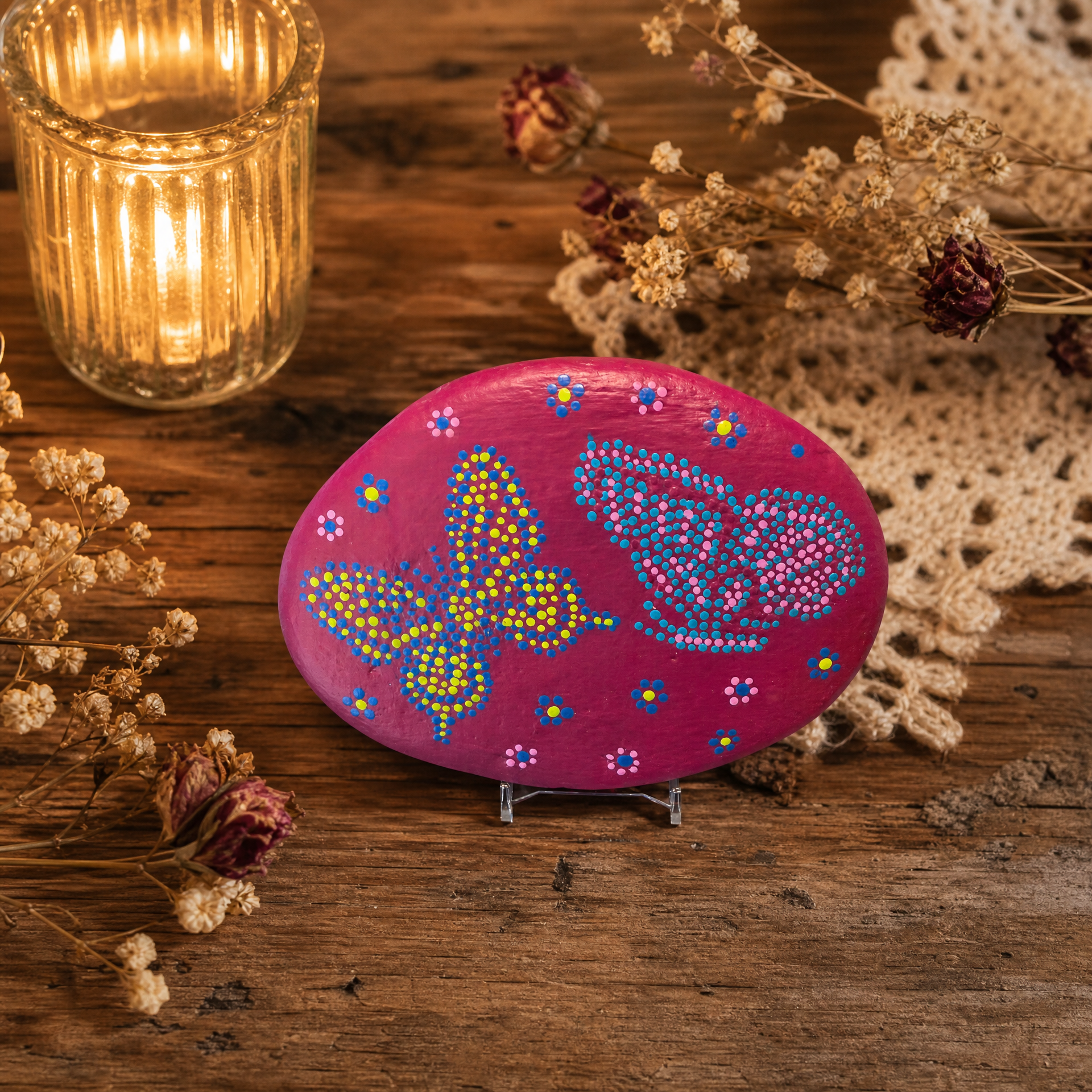 Zartes Schmetterlingsduett – handbemalter Mandala-Stein, Schmetterlings-Deko als Gartengeschenk