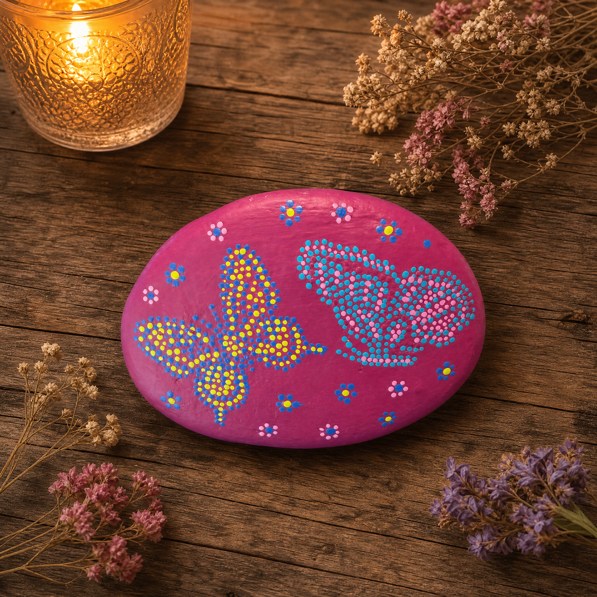 Rosenflügel Schmetterling – handbemalter Mandala-Stein, Schmetterlings-Deko als Gartengeschenk