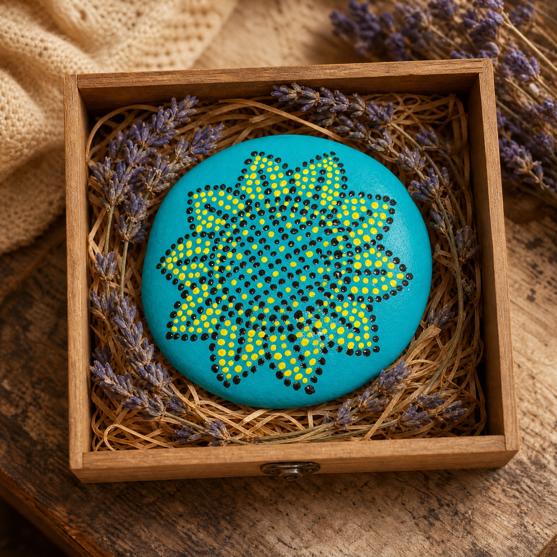 Sonnenstern Mandala – handbemalter Mandala-Stein, Deko-Unikat als Geschenkidee