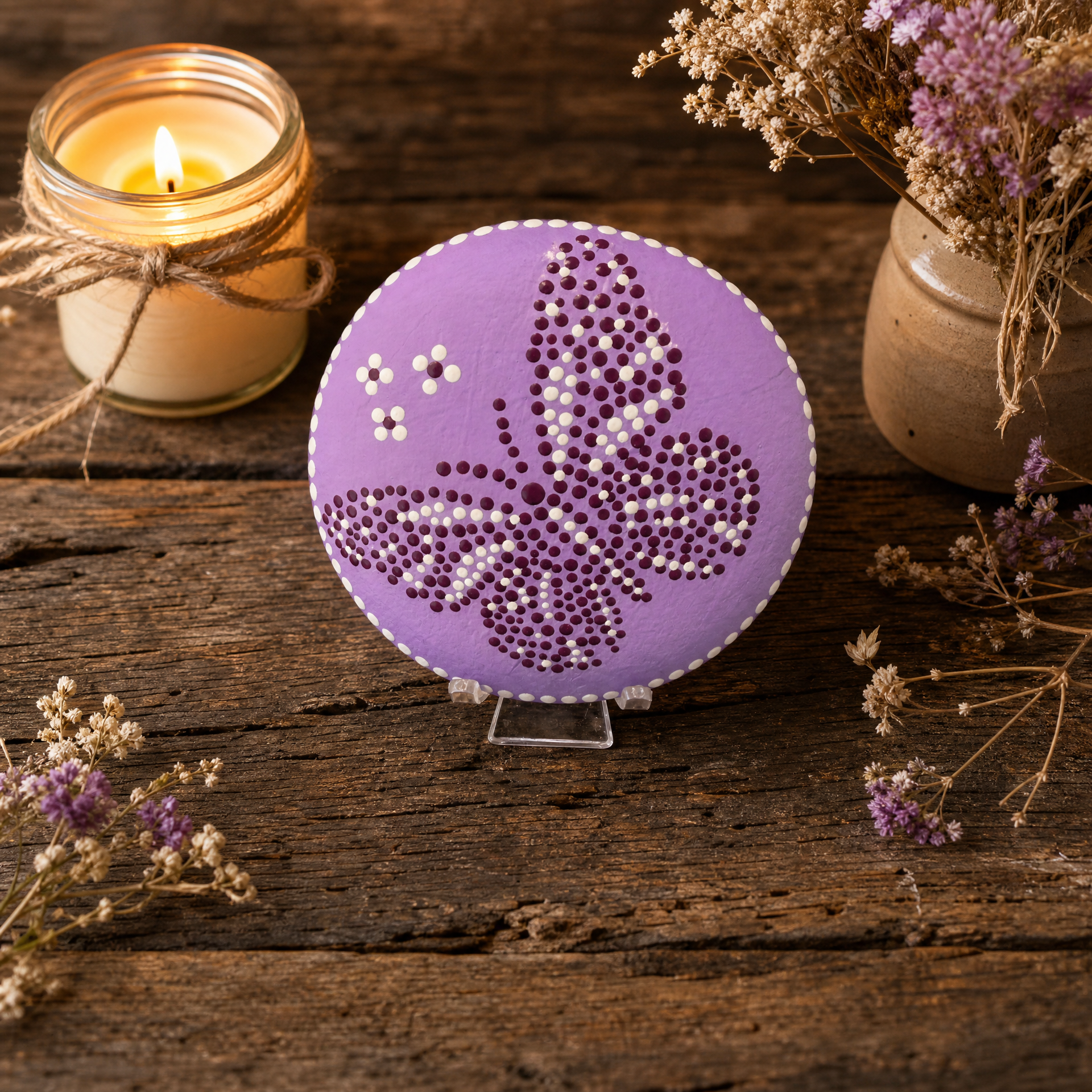 Flieder Schmetterling – handbemalter Mandala-Stein, Schmetterlings-Deko als Gartengeschenk